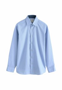 Camicia azzurra chiara a maniche lunghe con un piccolo motivo testurizzato. Collo classico, chiusura frontale con bottoni e orlo dritto. Realizzata in tessuto traspirante.