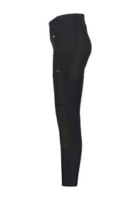 Leggings neri e verde scuro con vita alta, dotati di una tasca laterale con cerniera. Realizzati in un materiale liscio e elastico.