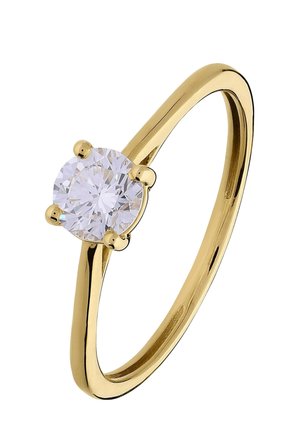 Gold ring with a round clear diamond solitaire held by four prongs on a slim, polished band against a white background.