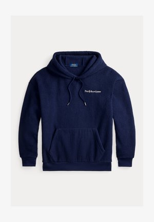 Moletom com capuz em felpa azul-marinho, com um bolso frontal, superfície texturizada, punhos e barra canelados, e um logotipo branco no peito.