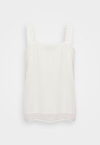 Weißes ärmelloses Top mit dekorativen Spitzen-Trägern, glattem Stoff, geradem Schnitt und abgerundetem Saum. Einfaches und leichtes Design.