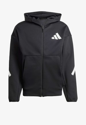 Black zip-up hoodie made of smooth fabric, featuring a front pocket, a lined hood, and white diagonal stripe accents on the sleeves.