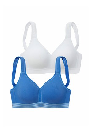 Two wireless bras, one white and one blue with striped elastic bands, shown against a white background.