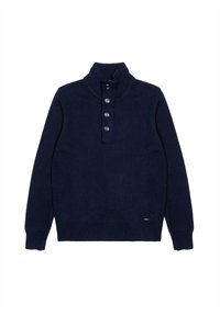 Maglione a collo alto di colore blu navy, con patta a quattro bottoni, polsini e orlo a coste. Realizzato in tessuto a maglia strutturata.