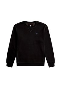 Felpa nera in tessuto morbido, con scollo rotondo, polsini a costine e piccolo logo sul petto. Texture liscia con dettagli cuciti.