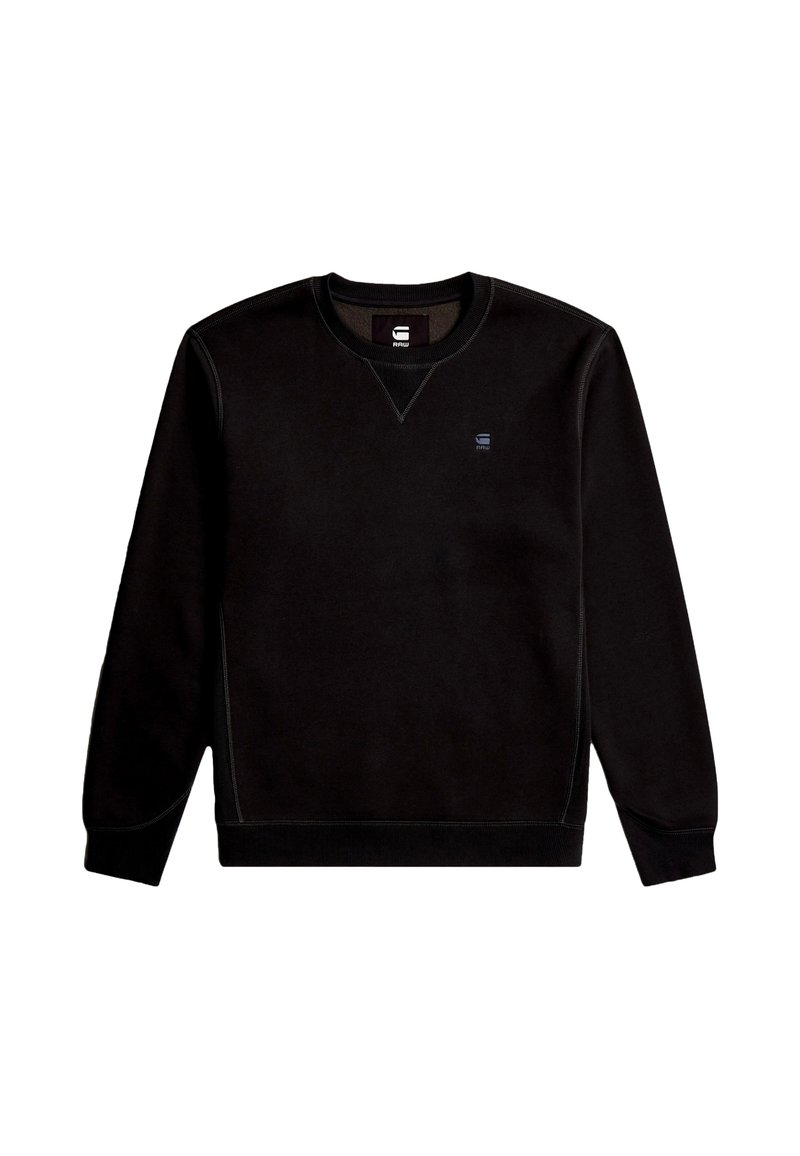 Sweat-shirt noir en tissu doux, avec un col rond, des poignets côtelés et un petit logo sur la poitrine. Texture lisse avec des détails de couture.