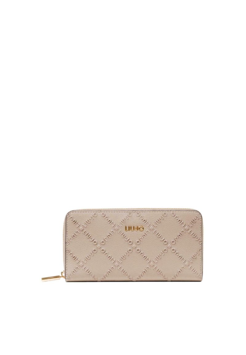 Portafoglio beige con motivo a diamante in rilievo e logo "Liu Jo" dorato, chiusura con zip, design minimalista, esposto su uno sfondo bianco.