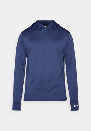 Marinblå långärmad hoodie, mjuk tyg med strukturerat mönster, med en framficka, snörning på huvan och en liten vit logotyp på ärmen.