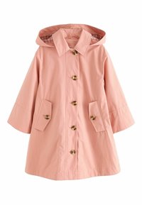 Light pink raincoat with a hood, featuring bell sleeves, two front pockets, and five large gold buttons. Interior has a checkered pattern.