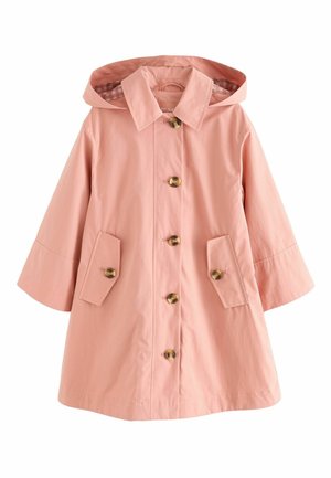 Light pink raincoat with a hood, featuring bell sleeves, two front pockets, and five large gold buttons. Interior has a checkered pattern.