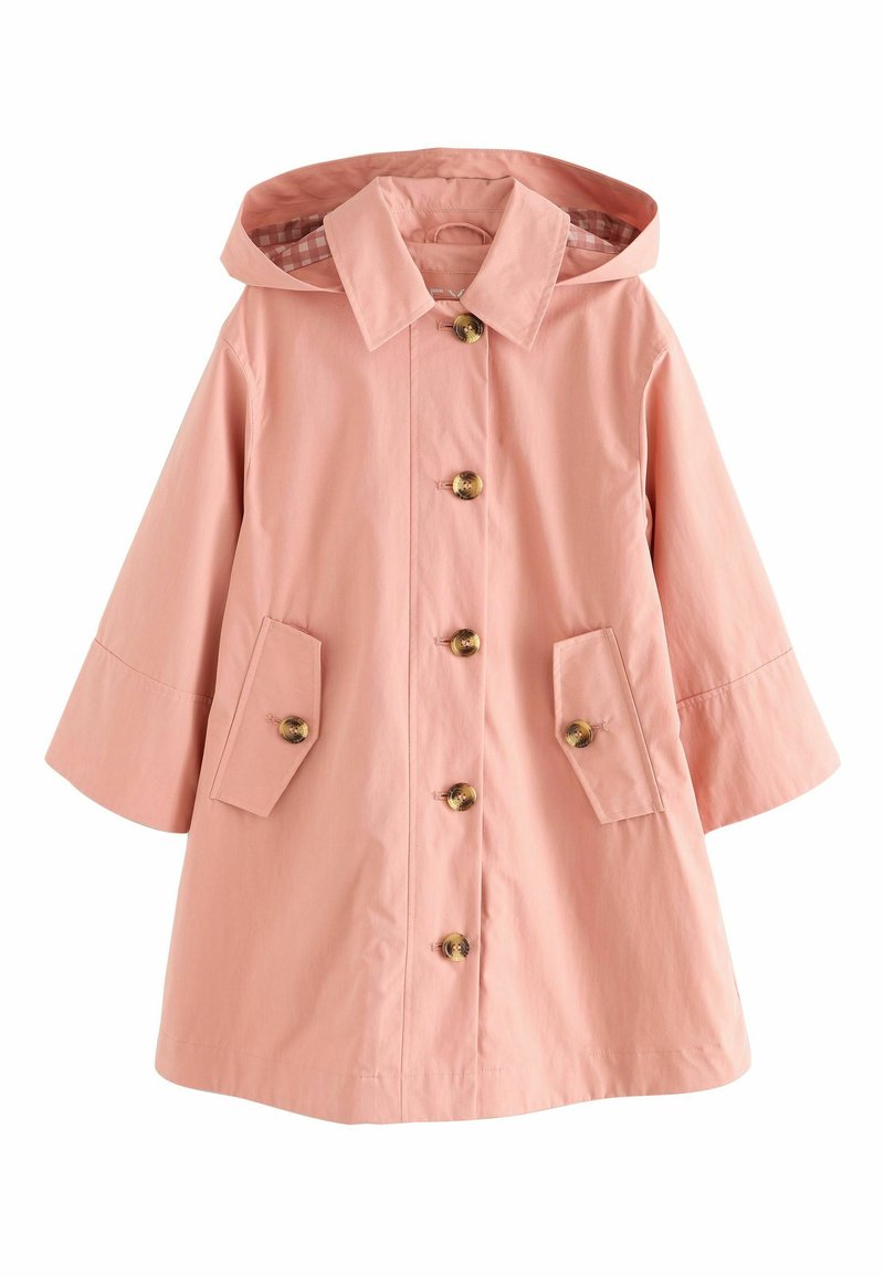Light pink raincoat with a hood, featuring bell sleeves, two front pockets, and five large gold buttons. Interior has a checkered pattern.