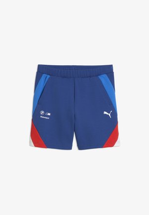 Shorts Bleus Puma Motorsport avec accents rouges et bleu clair, taille élastique, poches latérales et logos Puma et BMW blancs.