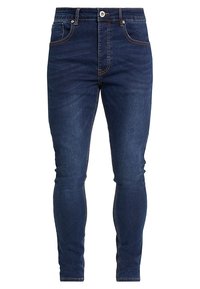 Slim-fit mörkblå denimjeans med en traditionell femficksdesign och kontrasterande sömmar. Texturerat tyg, robust knappstängning.