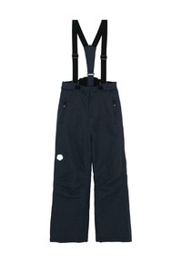 Pantalons de neige navy avec des bretelles noires réglables, des poches zippées, un tissu texturé et un logo hexagonal blanc sur la cuisse gauche.
