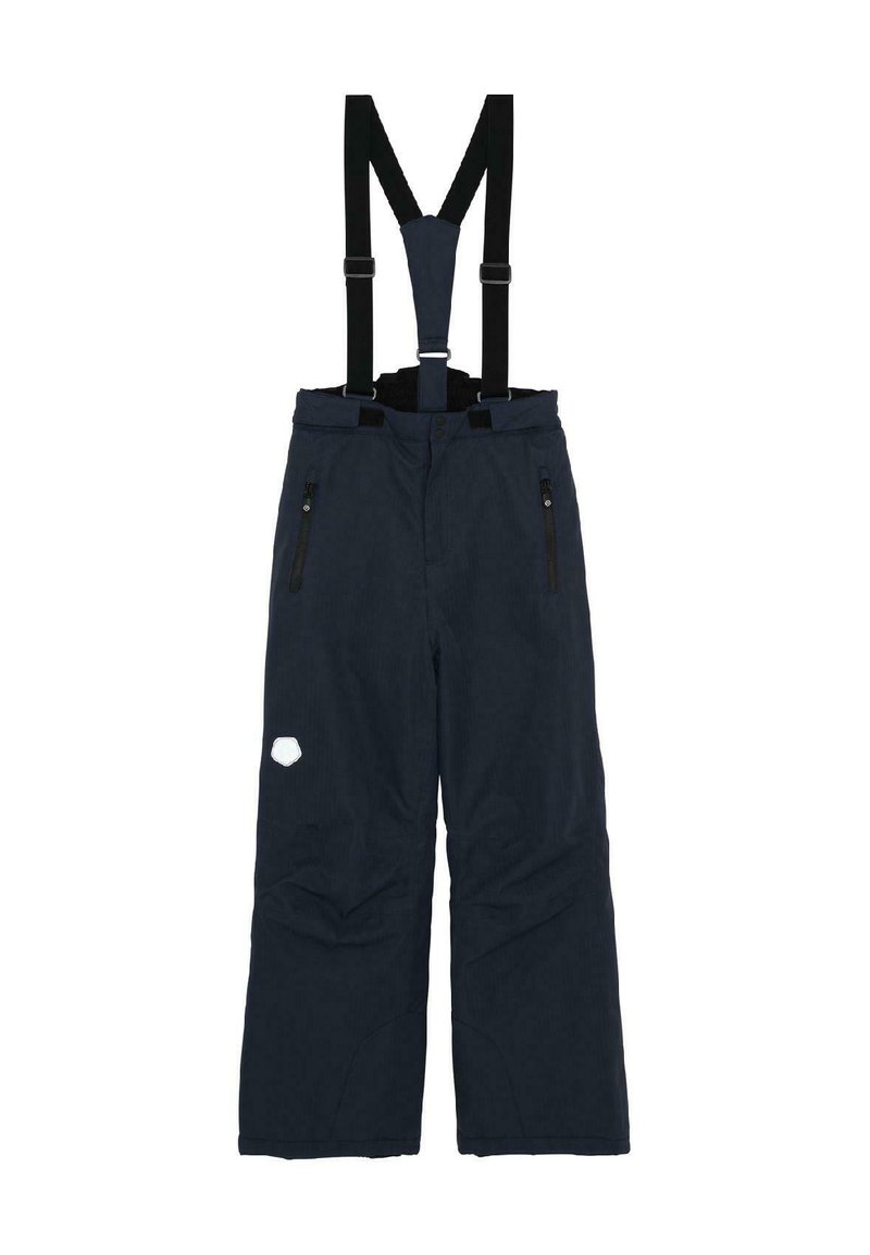 Pantalons de neige navy avec des bretelles noires réglables, des poches zippées, un tissu texturé et un logo hexagonal blanc sur la cuisse gauche.