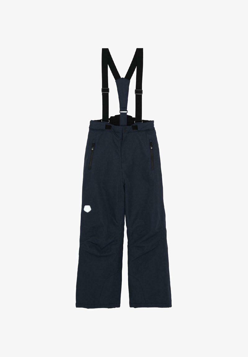 Marineblaue Schneehose mit verstellbaren schwarzen Trägern, Reißverschlusstaschen, einem strukturierten Stoff und einem weißen sechseckigen Logo am linken Oberschenkel.