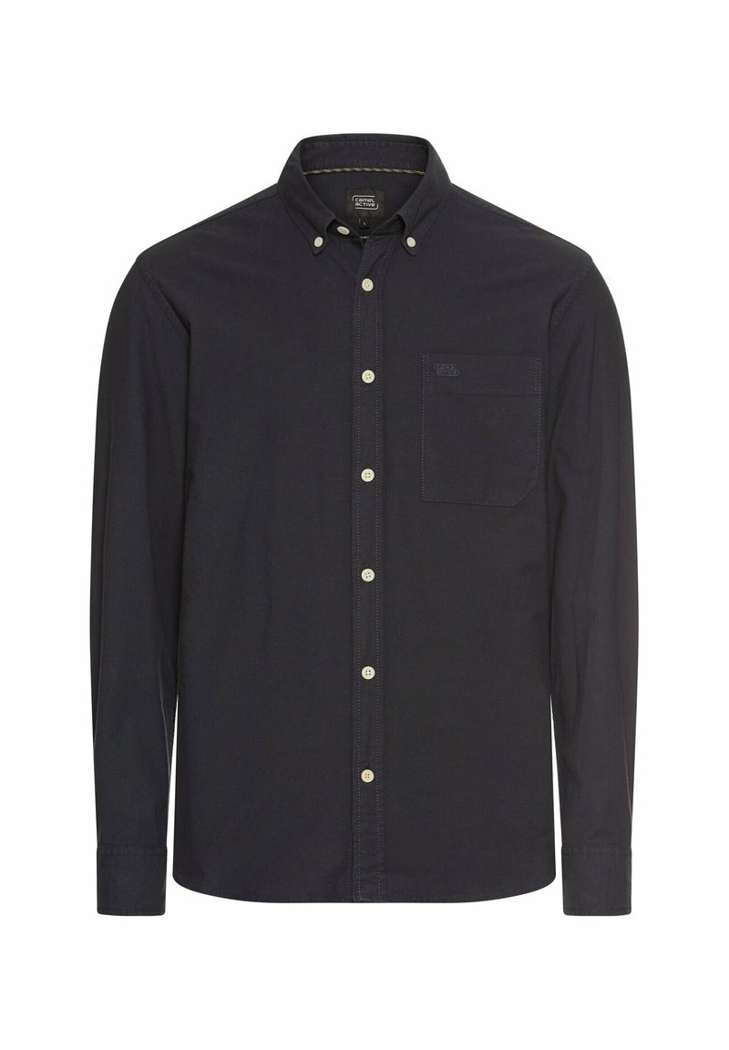 Navyblauwe langemouw shirt van katoen, met een button-down kraag, voorzak, contrasterende crèmekleurige knopen en manchetten met enkele knoop.