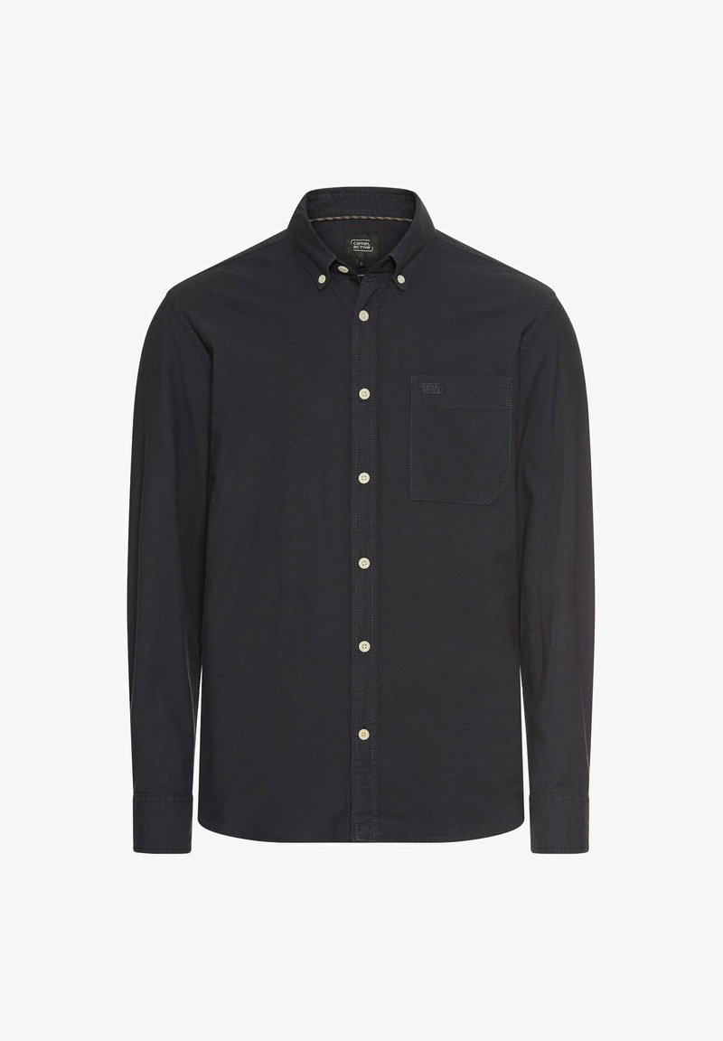 Navyblauwe langemouw shirt van katoen, met een button-down kraag, voorzak, contrasterende crèmekleurige knopen en manchetten met enkele knoop.