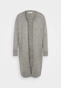 Dlouhý šedý cardigan vyrobený z měkké pleteniny. Má otevřený přední díl, dlouhé rukávy a žebrované manžety. Jednoduchý design bez zapínání.