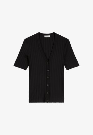 Cardigan noir à manches courtes avec une texture côtelée, comportant un décolleté en V profond et six boutons noirs sur le devant.