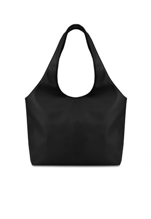 Black tote bag made from smooth, textured material, featuring a large, curved handle and no visible hardware or accents.