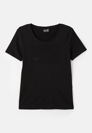 Black short-sleeve t-shirt made of soft fabric featuring a subtle glossy logo in a tonal design on the front. Round neckline.