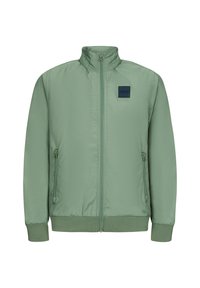 Hellgrüne Bomberjacke mit hohem Kragen, Reißverschluss vorne und Seitentaschen. Verfügt über gerippte Bündchen und ein quadratisches blaues Markenzeichen.