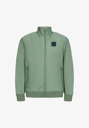 Jasnozielona kurtka bomberka z wysokim kołnierzem, zamek błyskawiczny z przodu i bocznymi kieszeniami. Posiada ściągacze przy mankietach oraz kwadratowe niebieskie logo marki.