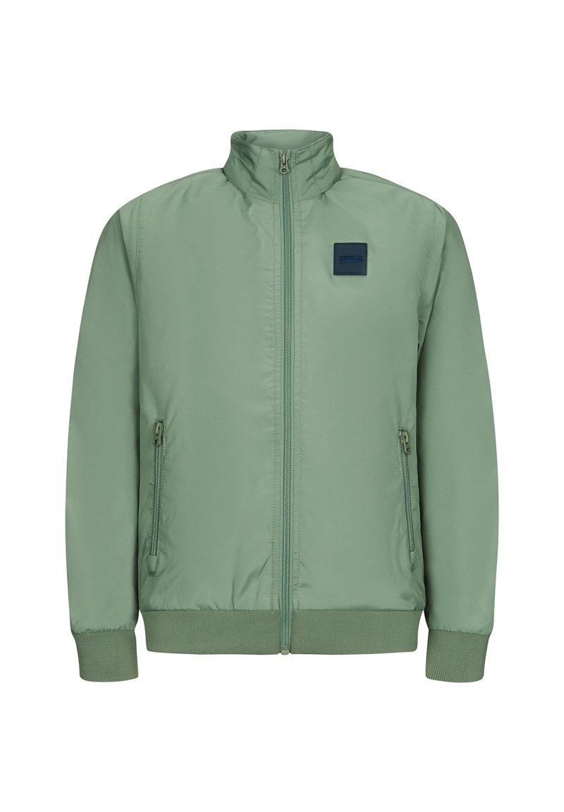 Hellgrüne Bomberjacke mit hohem Kragen, Reißverschluss vorne und Seitentaschen. Verfügt über gerippte Bündchen und ein quadratisches blaues Markenzeichen.