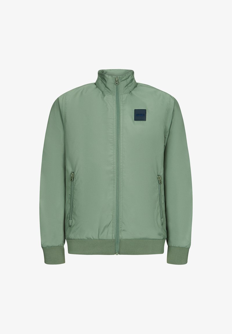 Jasnozielona kurtka bomberka z wysokim kołnierzem, zamek błyskawiczny z przodu i bocznymi kieszeniami. Posiada ściągacze przy mankietach oraz kwadratowe niebieskie logo marki.