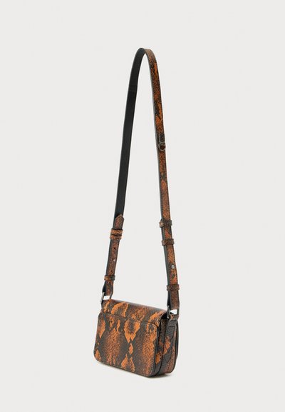 Brown and orange snake-print handbag with a structured design, adjustable strap, and smooth leather texture. Features metal hardware accents.