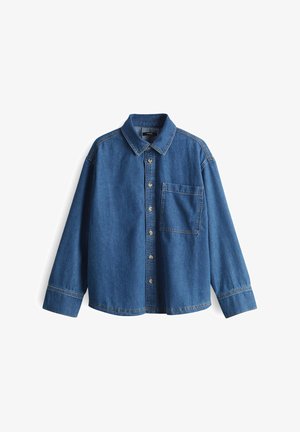 Denim shirt, lichtblauw, lange mouwen, knopenlijst aan de voorkant, kraag, enkele borstzak, contrasterende stiksels en een ontspannen pasvorm.