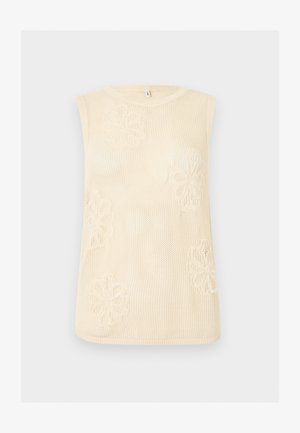 Αμάνικο μπεζ πλεκτό τοπ με στρογγυλή λαιμόκοψη και λουλουδένια σχέδια ενσωματωμένα στο υφασμάτινο ύφασμα.