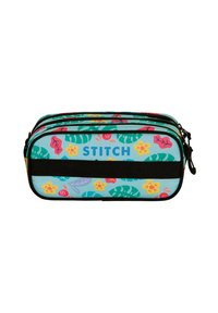 Trousse à crayons multi-compartiments en tissu aqua, ornée de motifs floraux et de feuilles colorés, fermetures éclair noires et une étiquette en tissu portant l'inscription "STITCH."