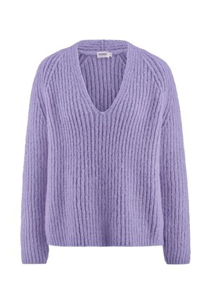 Lavendel V-hals trui van geribbeld breiwerk, met lange mouwen en een relaxte pasvorm met een duidelijke horizontale textuur.