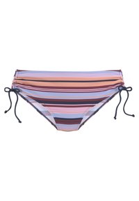 Svītrota bikini apakšdaļa ar horizontālām joslām rozā, zila un bordo krāsā. Regulējami saitītes sānos, savilkta tekstūra jostasvietā.