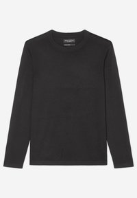 Schwarzes Langarm-T-Shirt aus weicher Baumwolle. Mit Rundhalsausschnitt und eng anliegenden Bündchen. Minimalistisches Design ohne sichtbare Muster oder Logos.