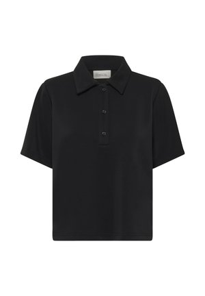 Tricou polo negru cu mânecă scurtă, guler clasic și nasturi cu trei nasturi, realizat dintr-un material neted.