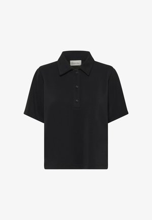 Tricou polo negru cu mânecă scurtă, guler clasic și nasturi cu trei nasturi, realizat dintr-un material neted.