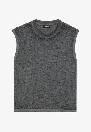 Graues ärmelloses Oberteil aus strukturiertem Stoff, mit Rundhalsausschnitt und sauberen Kanten, das subtile Farbvariationen aufweist.