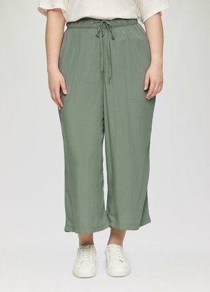 Bequeme grüne weit geschnittene Hose aus leichtem Material, mit einem elastischen Bund und Kordelzug sowie seitlichen Schlitzen am Saum.