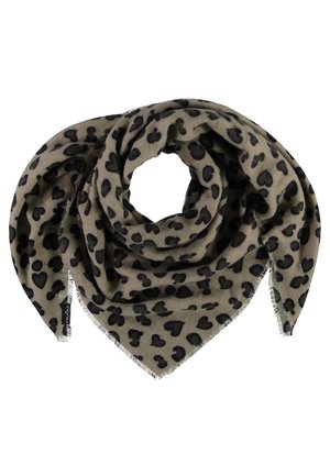 Lichtbruine driehoekige sjaal met zwarte hartvormige luipaardprint en franjes aan de randen, opgevouwen in een cirkelvorm.
