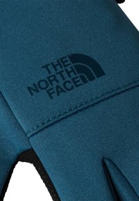Tealfärgad tyghandske med en svart logotyp av The North Face. Slät textur med sydda detaljer och design med öppna fingrar.