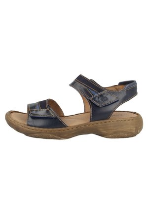 Navy leather sandal with two adjustable straps, open toe design, a cushioned tan insole, and a rubber sole with slight heel height.