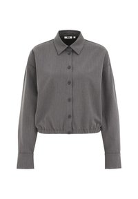 Grå kortärmad skjorta gjord av texturerad tyg, med spridd krage, långa ärmar och framknäppning med matchande knappar.