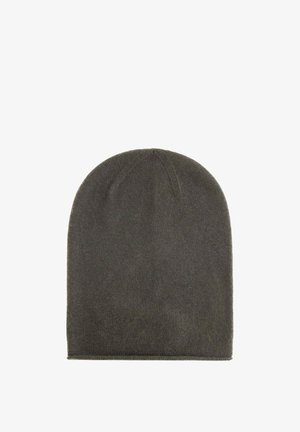 Dunkelgraue Strickmütze mit glatter Textur und runder Form, mit dezenten Nähten am oberen Teil und umgeschlagenem Saum am unteren Rand.