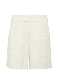 Cremefarbene Shorts aus strukturiertem Material, mit hoher Taille und geradem Bein, ohne sichtbare Taschen oder Verzierungen.