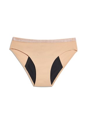 Beżowe majtki bikini z czarnymi bocznymi panelami, z teksturowanym, błyszczącym pasem w talii. Wykonane z gładkiego materiału, zaprojektowane dla komfortu i dopasowania.