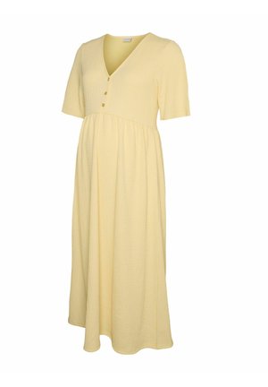 Lichtgeel midi-jurkje met korte mouwen, V-hals, drie knopen en geplooid taille-detail in gestructureerde stof.