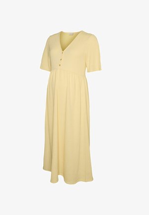 Lichtgeel midi-jurkje met korte mouwen, V-hals, drie knopen en geplooid taille-detail in gestructureerde stof.